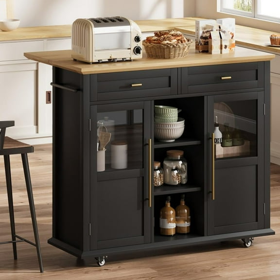 M optimized Kitchen Island Car with Wheels, 2 Glass Doors, Spice Rack & Towel Holder,Mobile Kitchen Island Cart with Trash Storage Cabinet, for Small Kitchens, Dining Rooms