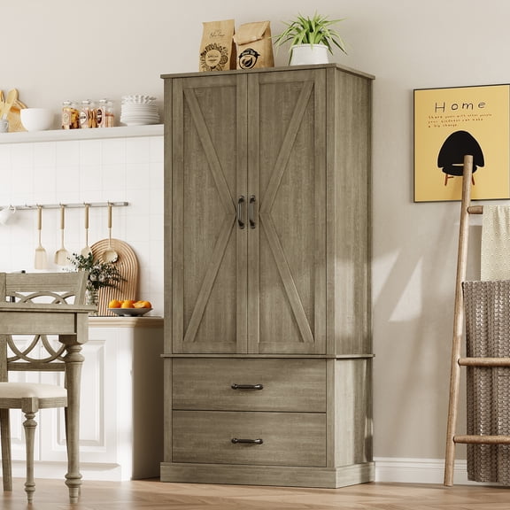 M optimized Kitchen Pantry Cabinet, Farmhouse Storage Cabinet with Barn Doors, Drawers and Adjustable Shelves, Versatile Storage for Kitchen, Dining Room
