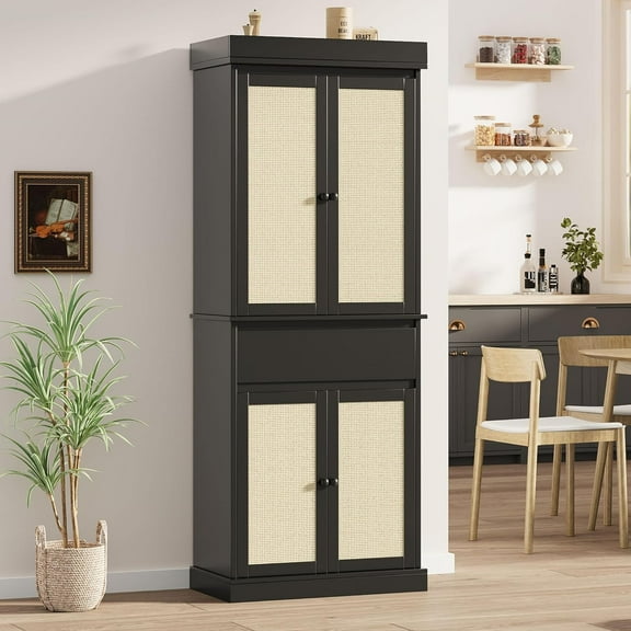 M optimized Kitchen Pantry Cabinet, Tall Storage Cabinet with Rattan Doors Adjustable Shelves, Freestanding Cupboard with Drawer for Bathroom, Dining Room, Living Room