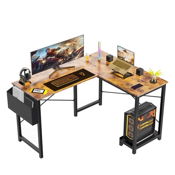 M optimized L-Shaped Computer Desk with Side Storage Bag, Wood Metal Gaming Desk Industrial Retro Study Writing Desk for Home Office Bedroom Game Room