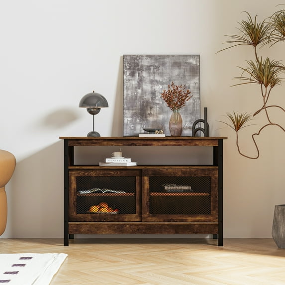 M optimized LED Buffet Cabinet, Farmhouse Sideboard Storage Cabinet with Adjustable Shelves, Mesh Doors for Kitchen Living Room Bedroom Entryway Hallway