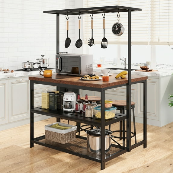 M optimized Large Kitchen Island with/without Power Outlet, Bakers Rack with Storage 5 Hook, Island Table for Kitchen, 3 Tier Microwave Stand Oven Shelf
