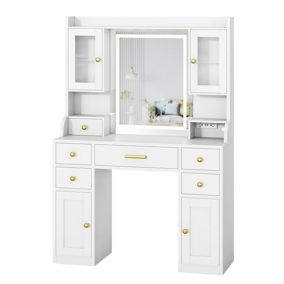 M optimized Large Vanity Desk with Mirror and Lights, Makeup Table Dressing Table with 3 Lighting Modes, Charging Station, 6 Drawers, Cabinets & Storage Shelves, White