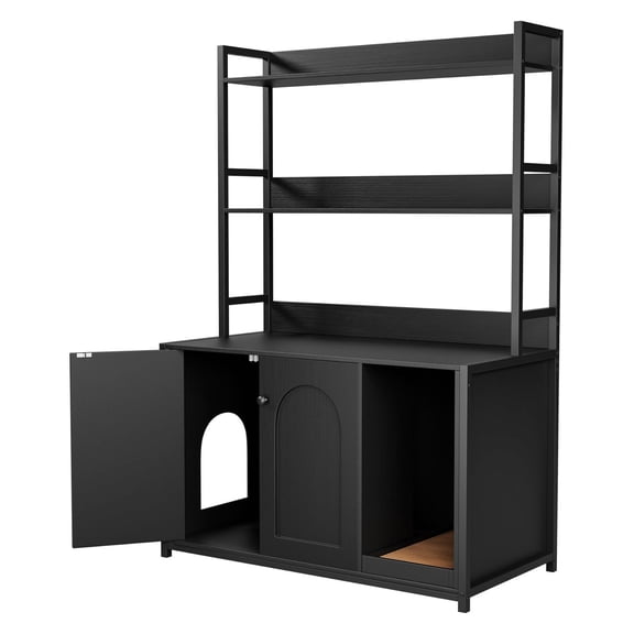 M optimized Litter Box Enclosure with 2 Storage Shelves, Hidden Cat Litter Box Furniture with Scratch Pad, Indoor Cat House Kitty Box Washroom Cat Bookshelf Cabinet