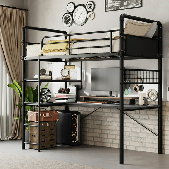 M optimized Loft Bunk Bed with L-Shaped Desk, Twin Loft Bed with Desk Underneath, Metal Bunk Beds with High Guardrail and Ladder, Easy Assembly