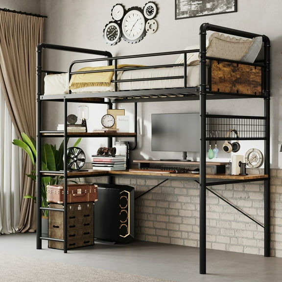 M optimized Loft Bunk Bed with L-Shaped Desk, Twin Loft Bed with Desk Underneath, Metal Bunk Beds with High Guardrail and Ladder, Easy Assembly