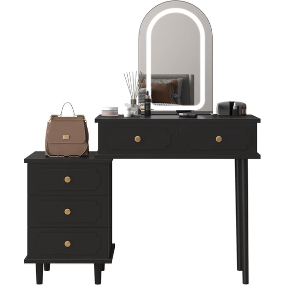 M optimized Makeup Vanity Desk with Mirror and Lights, Modern Vanity Table with 2 Drawers & Adjustable 3-Drawer Cabinet, Wood Dressing Table for Bedroom, Black