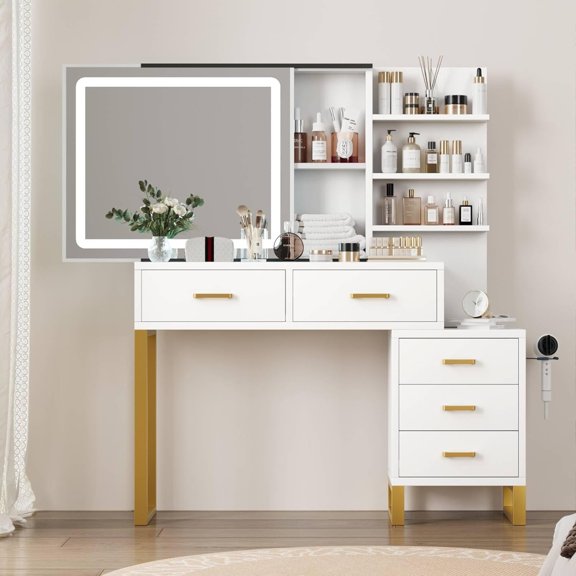M optimized Makeup Vanity Desk with Sliding Mirror & Lights, Large Dressing Table with Charging Station, 3 Lighting Modes, 5 Large Drawers, 3 Tiers of Open Shelves for Bedroom