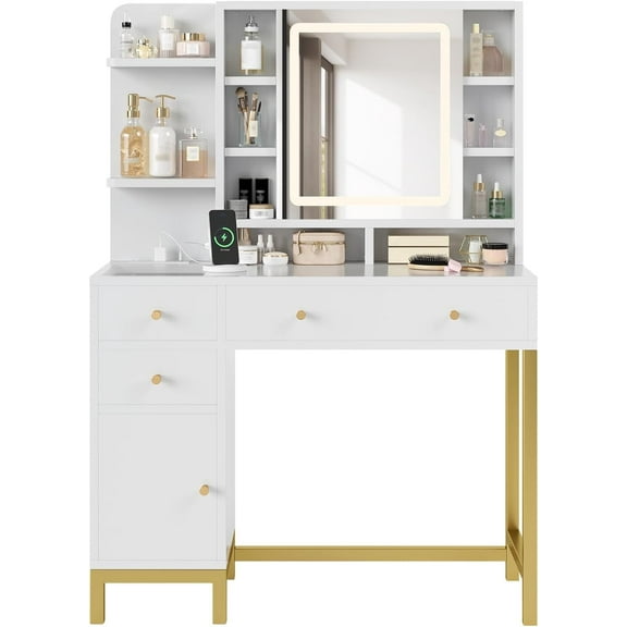 M optimized Makeup Vanity with LED Lighted Mirror & Power Outlet, 3 Lighting Modes, Brightness Adjustable, Vanity Desk with Acrylic Tabletop & Drawers and Cabinets for Bedroom, White