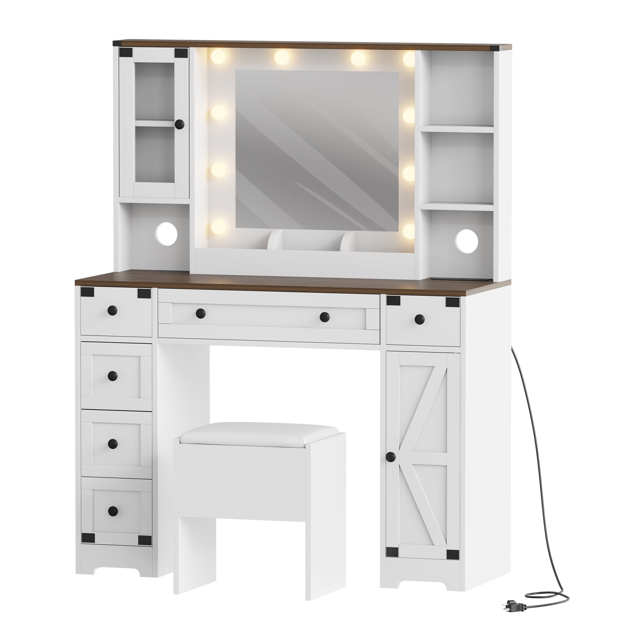 M optimized Makeup Vanity Set, Vanity Desk with LED Lights, Charging Station, 6 Drawers and Cabinets, Vanity Table with Stool, White