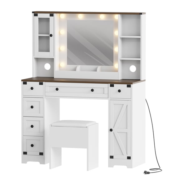 M optimized Makeup Vanity Set, Vanity Desk with LED Lights, Charging Station, 6 Drawers and Cabinets, Vanity Table with Stool, White