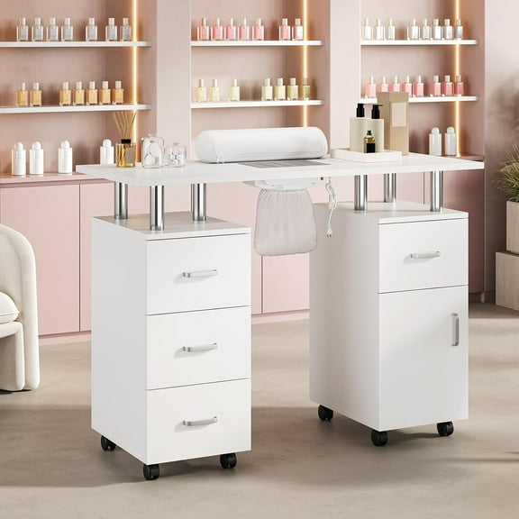 M optimized Manicure Table Nail Desk for Nail Tech with Electric Downdraft Vent & Locking Castors & Wrist Cushion, Beauty Salon Resistant with Drawers, Nail Desk Station for Spa Beauty Salon