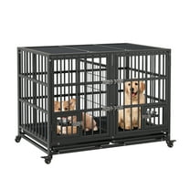 M optimized Metal Dog Crate, 42 Inch Heavy Duty Dog Crate with Divider, 2 Feeding Door and Bowls, Dog Kennel Indoor with Wheels, for 2 Small Dogs/1 Large Dog