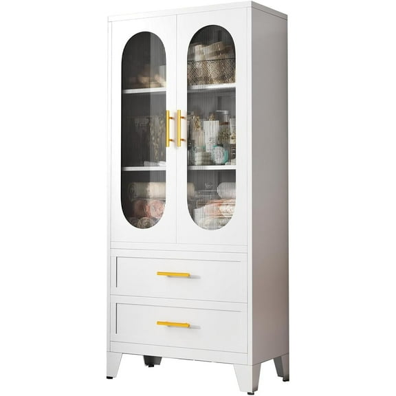 M optimized Metal Pantry Storage Cabinet, 73" Storage Cabinet with Adjustable Shelves & Glass Doors & Drawers, for Kitchen, Laundry, Living, Bath, Dining, Tool Room
