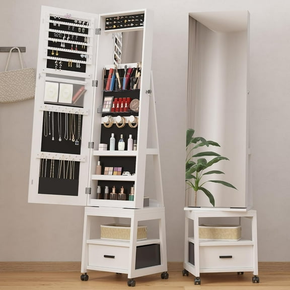M optimized Mirror Cabinet with Storage Swivel Jewelry Armoire Standing with Full-length Mirror Reversible Storage Mirror Jewelry Organizers with 1Drawer and Wheels