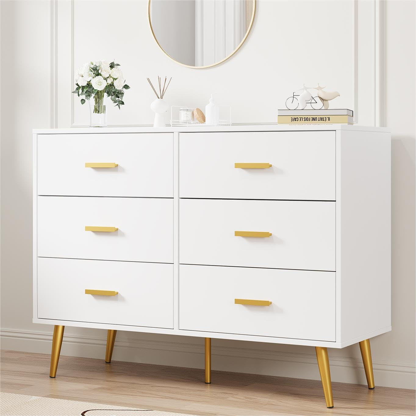 White 6-Drawer Dresser with Gold Handles and Deep Drawers