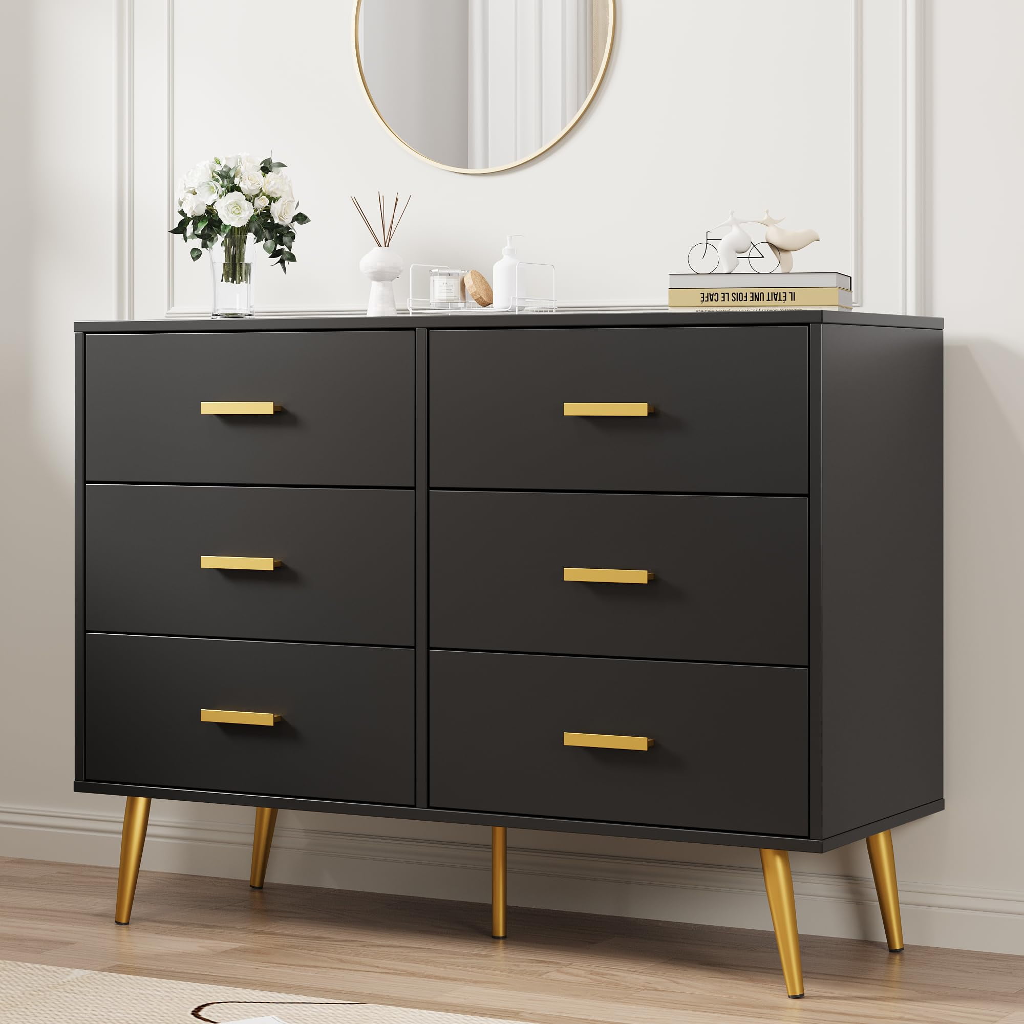 M optimized Modern 6 Drawer Dresser, Wooden Dresser with Gold Handles ...