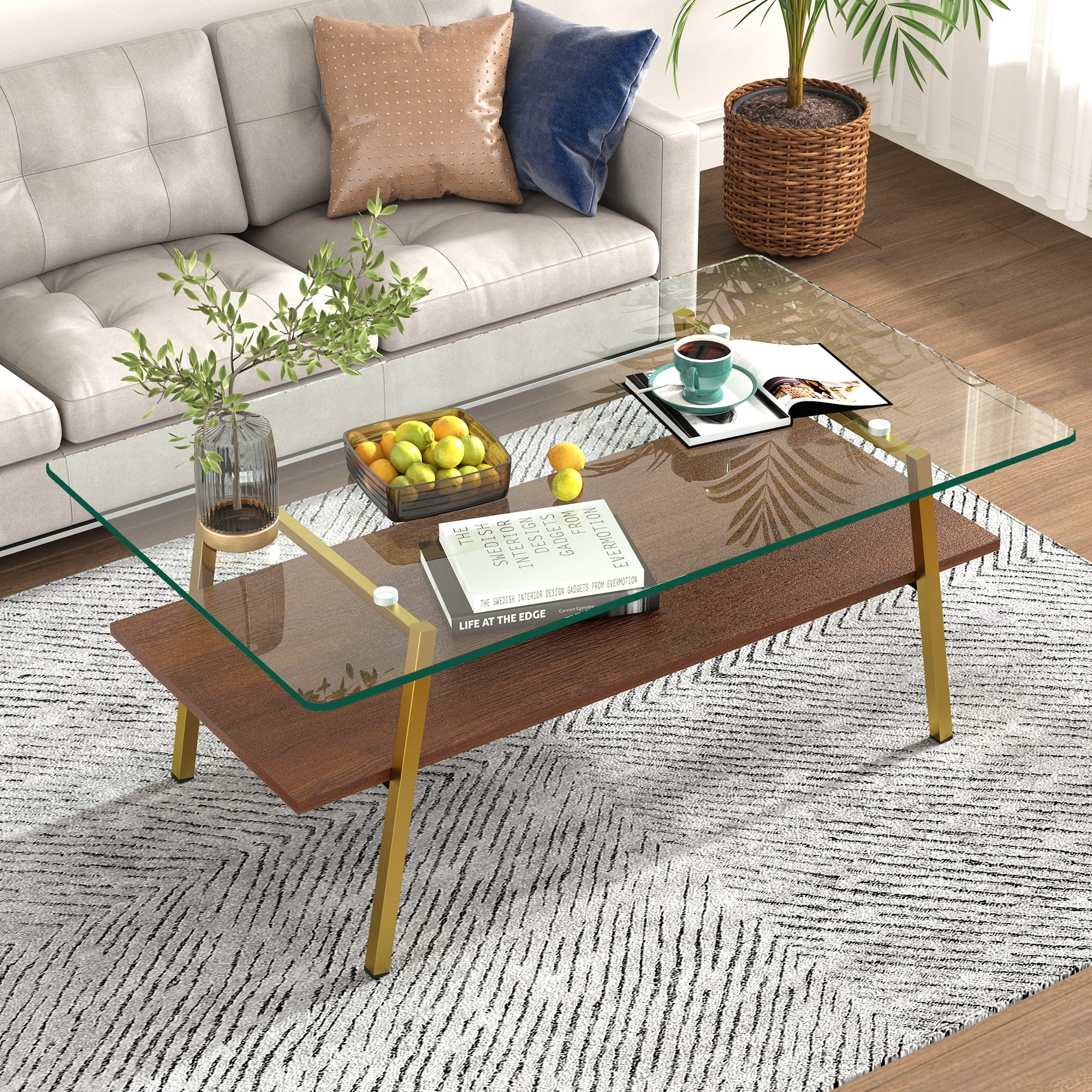 M optimized Modern Coffee Table 2-Tier Wood Glass Center Table with Storage Shelf Metal Legs ...