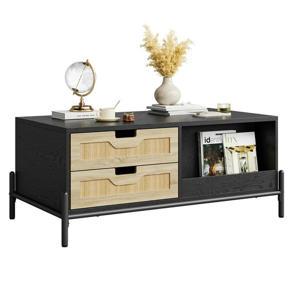 M optimized Modern Coffee Table with Rattan Drawers and Storage Shelves, Center Table with LED Light, Black Cocktail Table for Living Room Apartment