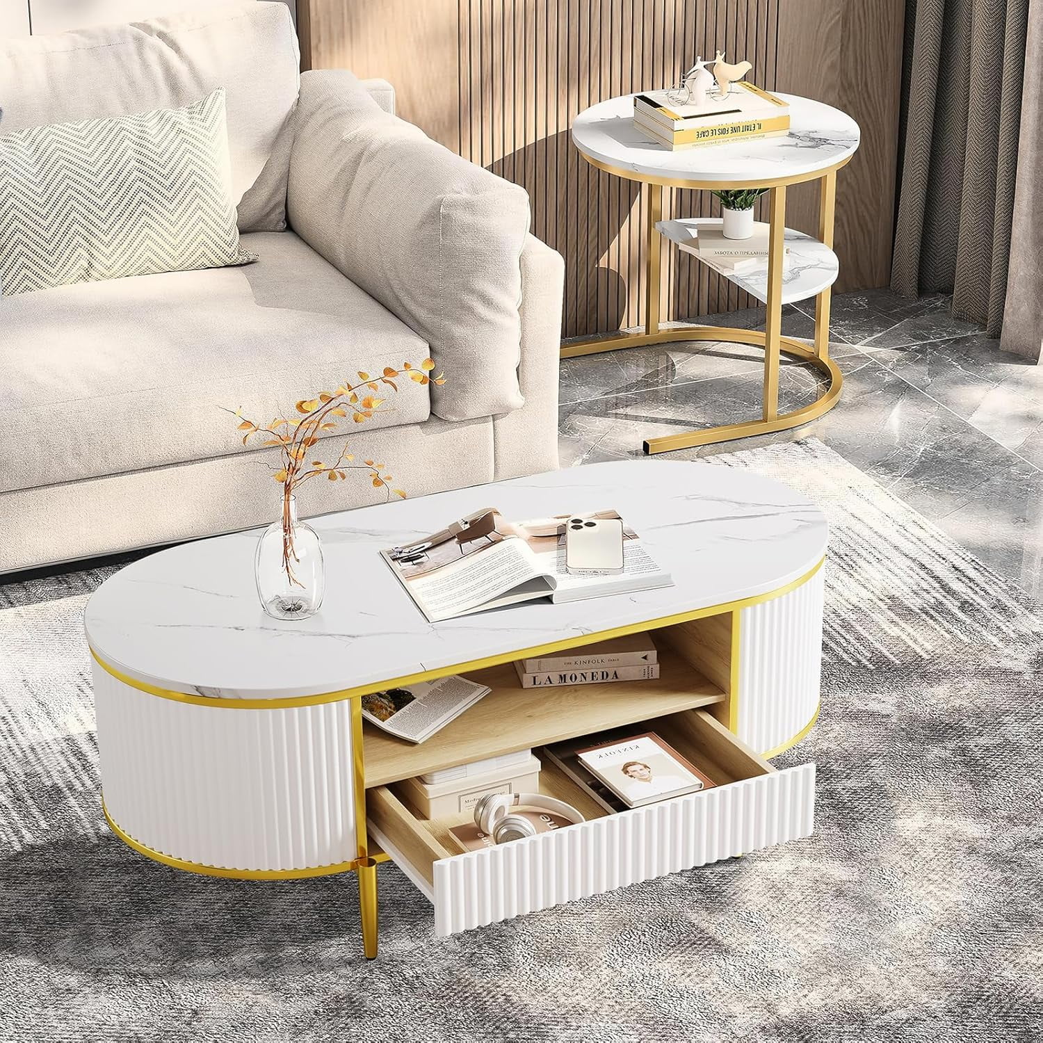 White and Gold Oval Wood Coffee Table with Faux Marble Top and Storage