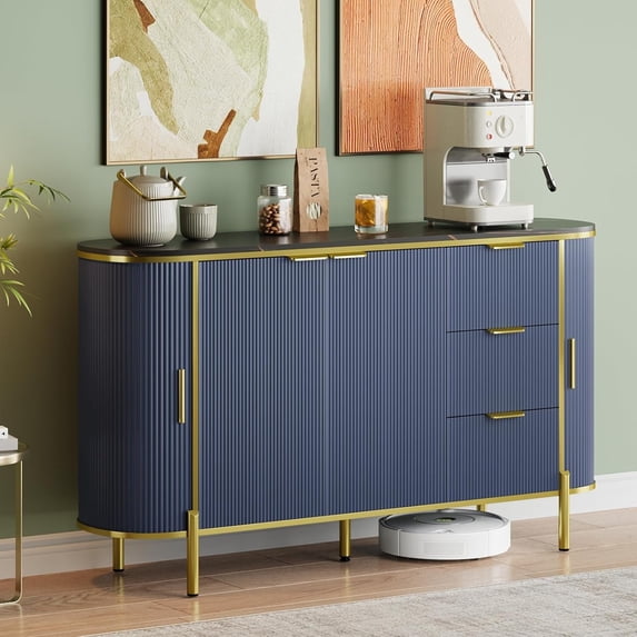 M optimized Modern Fluted Sideboard Cabinet, Oval Buffet Table with Curved Profile Sliding Doors, 3 Drawers and Adjustable Shelves, Faux Marble Top Coffee Bar for Dining Living Room