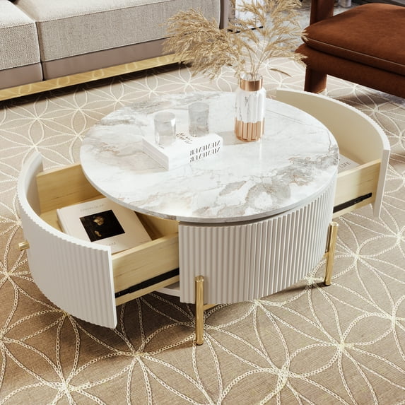 M optimized Modern Round Coffee Table with 2 Drawers 4 Legs Marble Pattern Center Sofa Table Suitable for Living Room Apartment