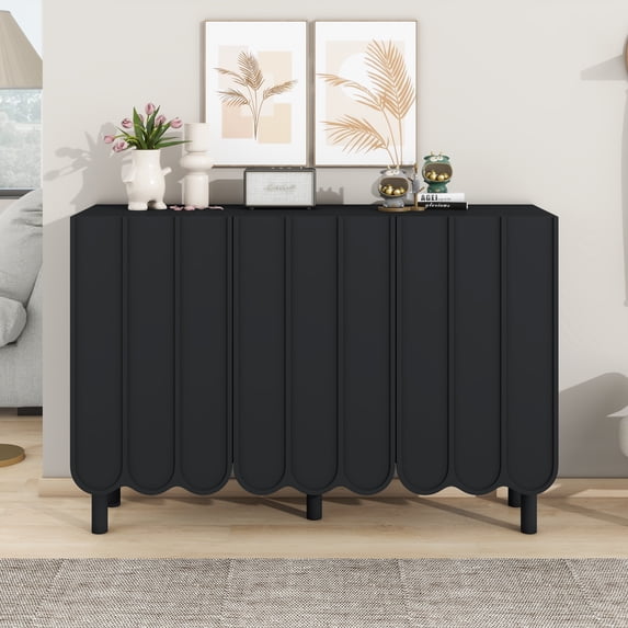 M optimized Modern Shoe Cabinet with 5 Solid Wood Legs, Minimalist Sideboard with 3 Wave Doors, Adjustable Shelves, Large Storage Cabinet