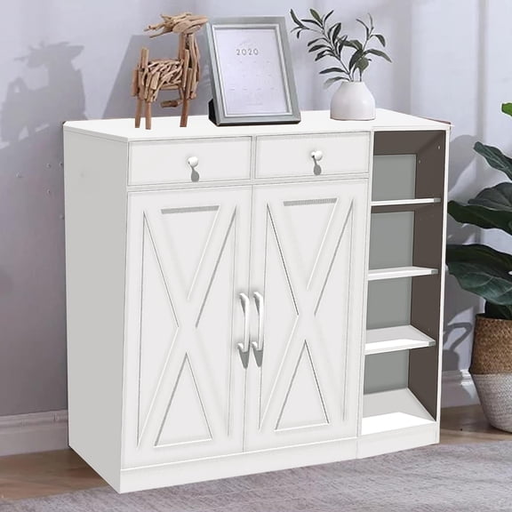 M optimized Modern Shoe Storage Cabinet, Farmhouse Shoe Rack Organizer with 6 Adjustable Shelves & 2 Drawers, Freestanding Entryway Cabinet for Living Room, Mudroom, Hallway