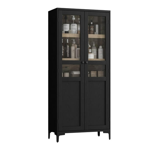 M optimized Modern Storage Cabinet with Glass Door, 5 Tier Kitchen Pantry with Adjustable Shelves for Kitchen, Dining Room, Bathroom
