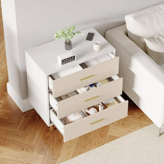 M optimized Modern White Nightstand for Bedroom, Small Bedside Table Night Stand with 3 Drawers, Gold Metal Legs, Slim 3 Drawer Dresser for Small Spaces, Apartments