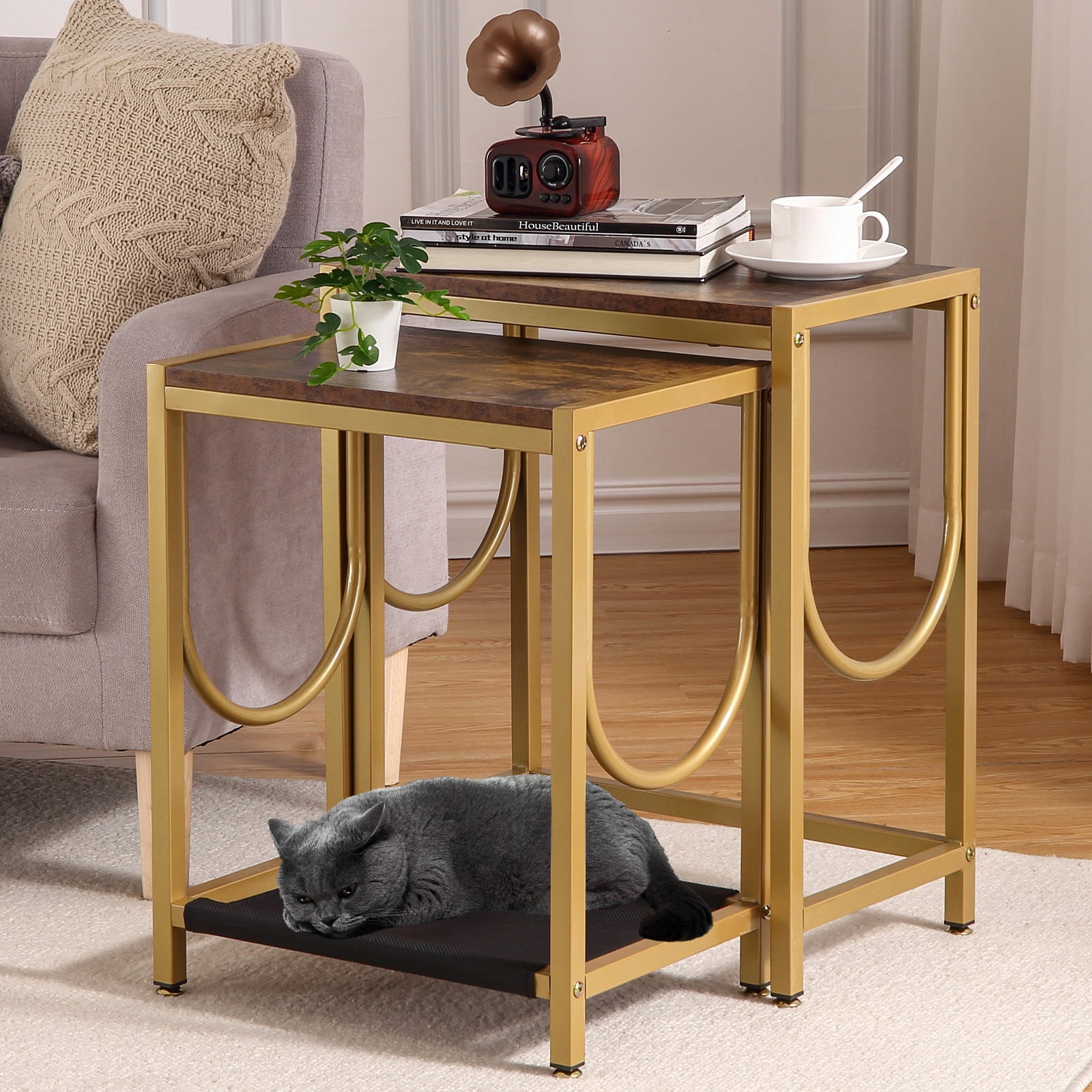 M optimized Nesting Coffee Table Set of 2 End Table Side Table Modern Industrial Small Wooden ...