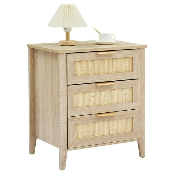 M optimized Nightstand, Rattan End Table, Nightstands with 3 Natural Rattan Drawers, Wooden Side Table with Storage Drawers for Bedroom, Living Room, Natural