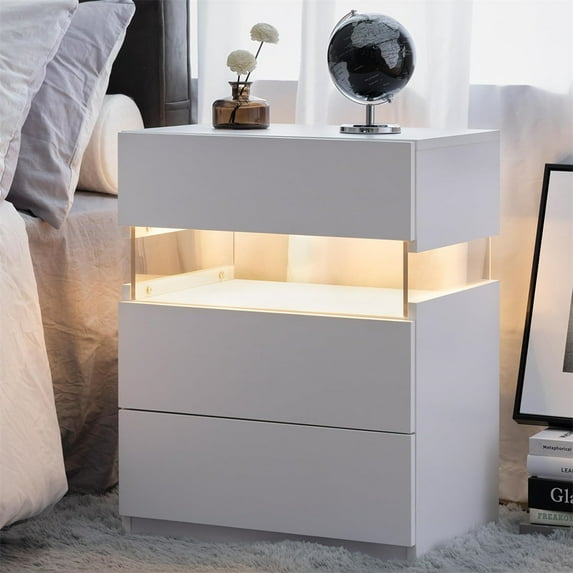 M optimized Nightstand with 3 Drawers, Modern Bed Side Table with Acrylic Board, LED Lights, Bedroom End Table, Night Stands for Living Room Entryway
