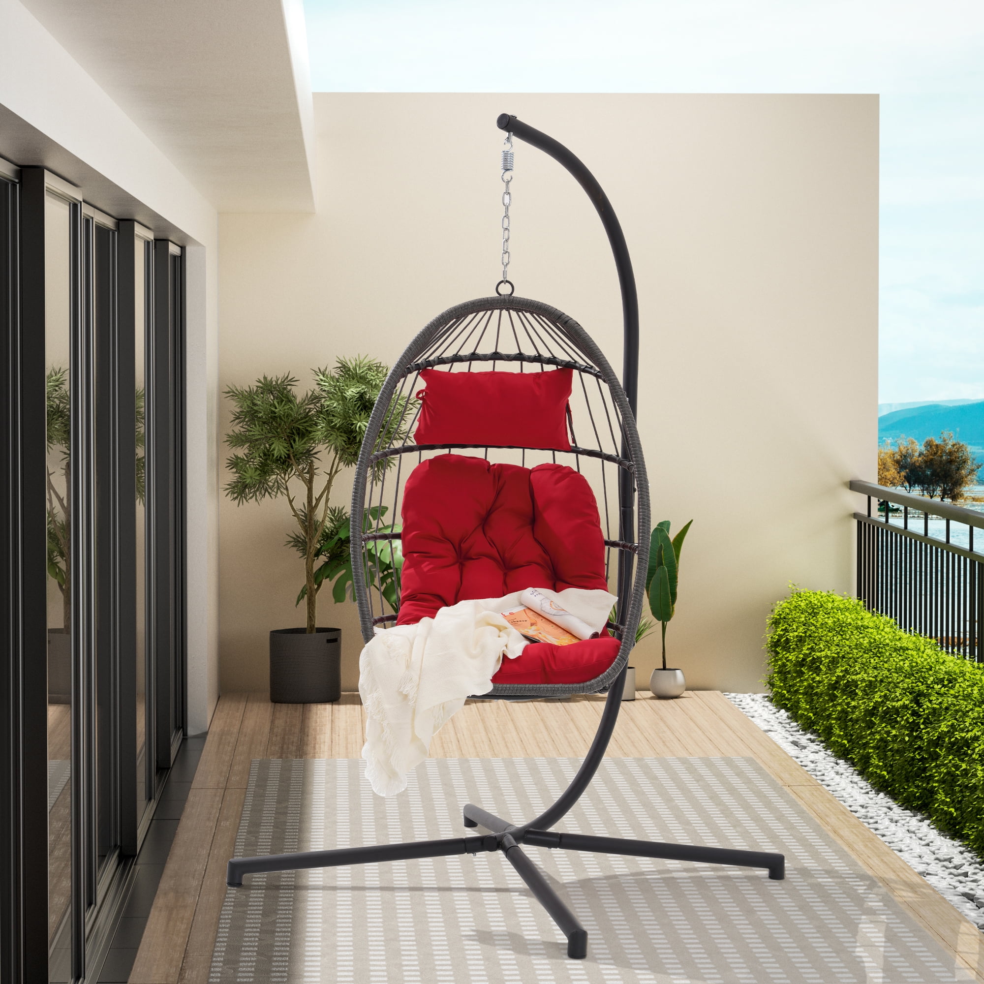 M optimized Outdoor Egg Chair Hanging Egg Chairs with Standing Seat Armrest Cushion Backrest Metal Frame Garden Rattan Swing Chair for Indoor Walmart
