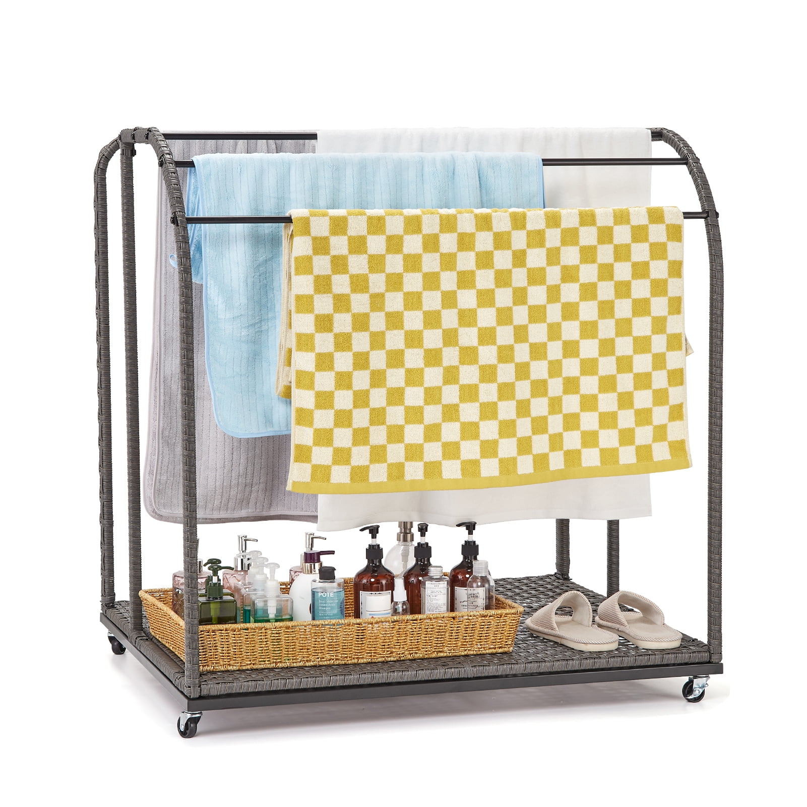 M optimized Outdoor Pool Towel Rack with Rattan Base, 5 Bar Poolside