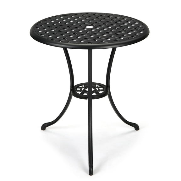 M optimized Patio Bistro Table, 24" Round Outdoor Coffee Table with 2" Umbrella Hole, Outdoor Cast Aluminum Bistro Table Side Table for Balcony Backyard Lawn Garden