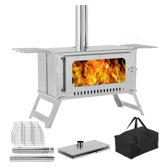 M optimized Portable Camping Wood Burning Stove Stainless Steel Wood Stove w/ 5 Chimney Pipes & 3 Grill Shelves, Hot Tent Stove w/ View Glass, Tent Stove for Outdoor Cooking Heating