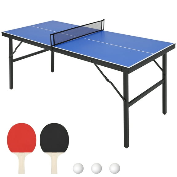 M optimized Portable Ping Pong Table 60"x26"x27.5" Mid-Size Foldable Table Tennis Table with 2 Table Tennis Paddles and 3 Balls for Indoor Outdoor, Blue