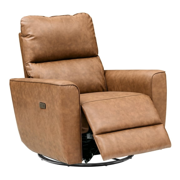 M optimized Power Swivel Recliner Chair, PU Leather Upholstered Rocker Recliner with Adjustable Footrest and Curved Armrest, Modern Reclining Sofa Chair with Charging Port for Living Room