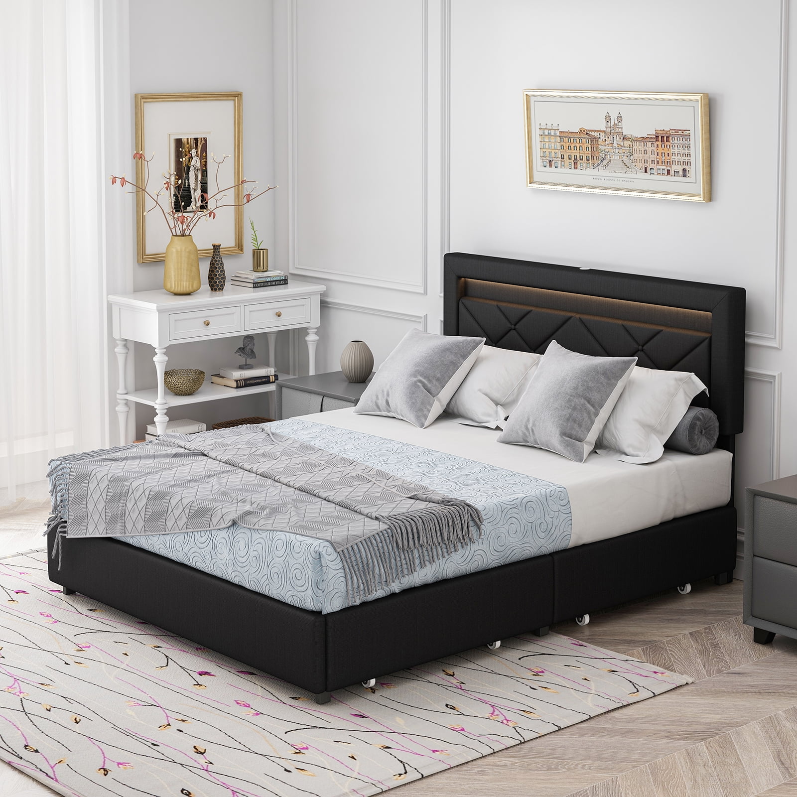 M optimized Queen Size Bed Frame Textured Paint Platform Bed Frame with ...