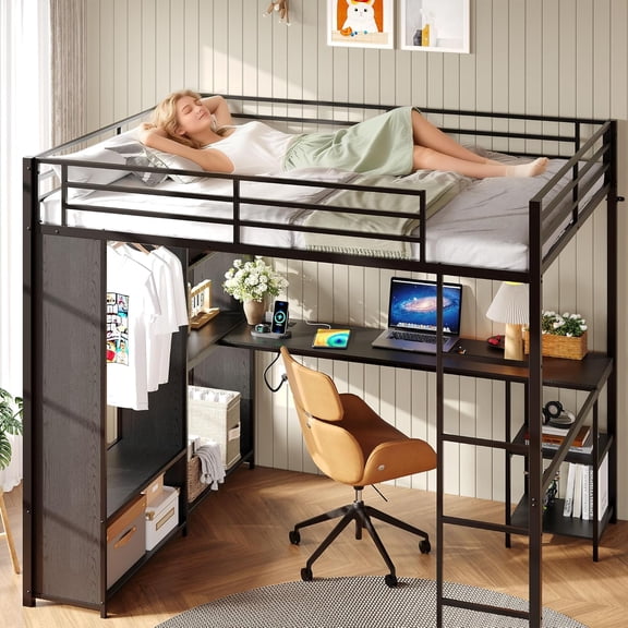 M optimized Queen Size Loft Bed with Desk and Storage Shelves, Heavy Duty Metal Bedframe with Wardrobe, Hanging Rod, Guardrail and Ladder, Black