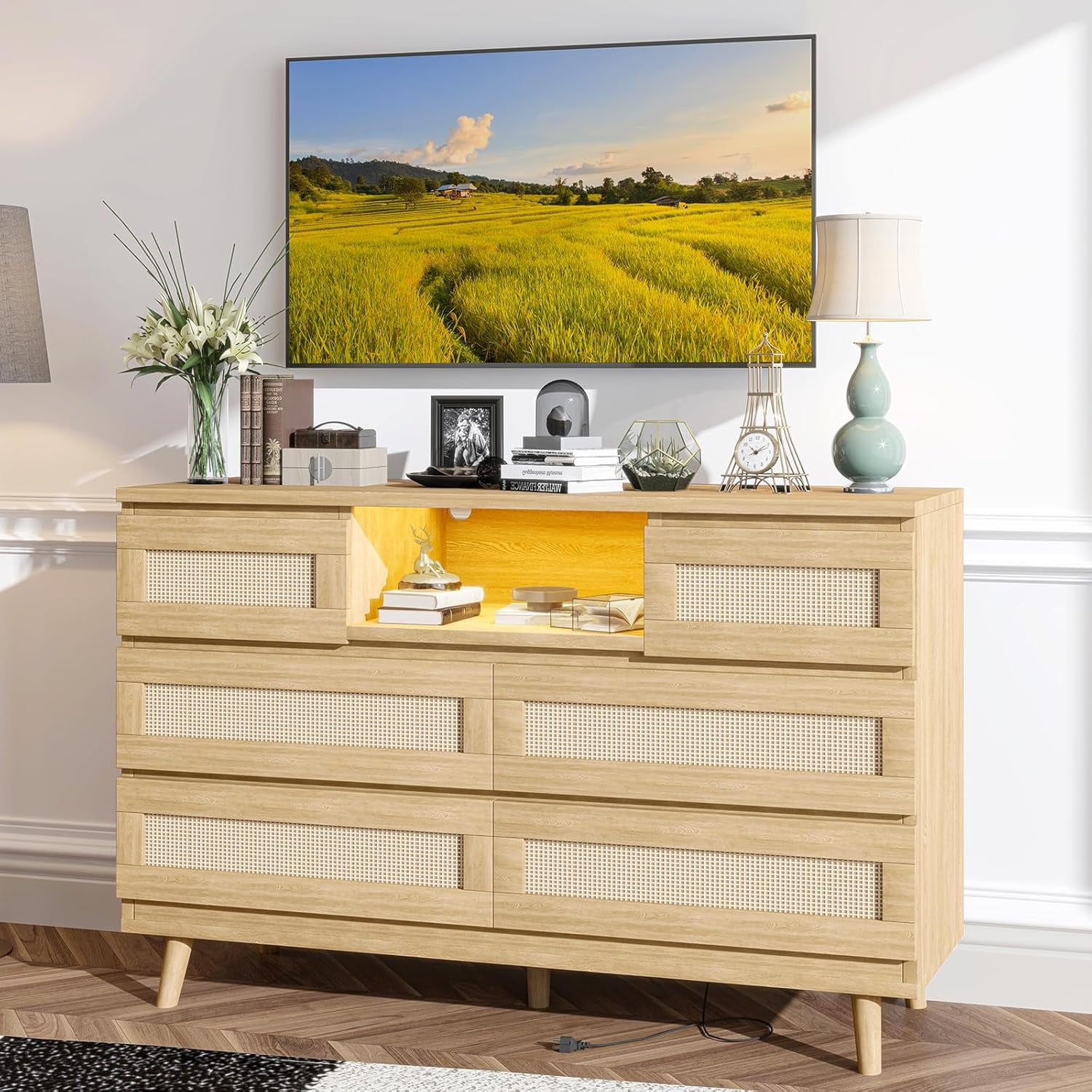 Natural Oak 6-Drawer Rattan Dresser with LED Light and Charging Station