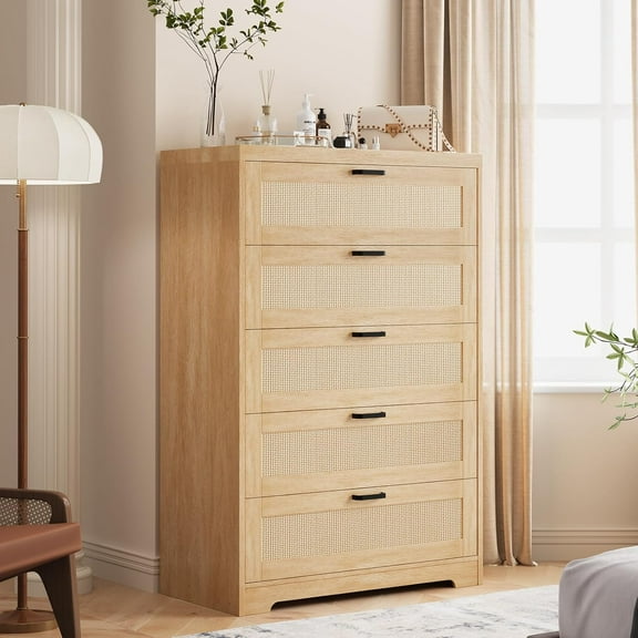 M optimized Rattan Dresser, Tall Chest of Drawers, Wood 5-Drawer Dresser for Bedroom, Closet, Living Room, Hallway, Oak Natural, 15.8"D x 31.5"W x 47.2"H