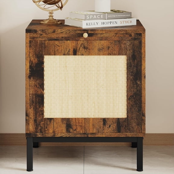 M optimized Rattan Night Stand, Retro End Table with Storage Cabinets and Tray, Side Table with Sturdy Metal Legs for Bedroom, Living Room, Office, Brown