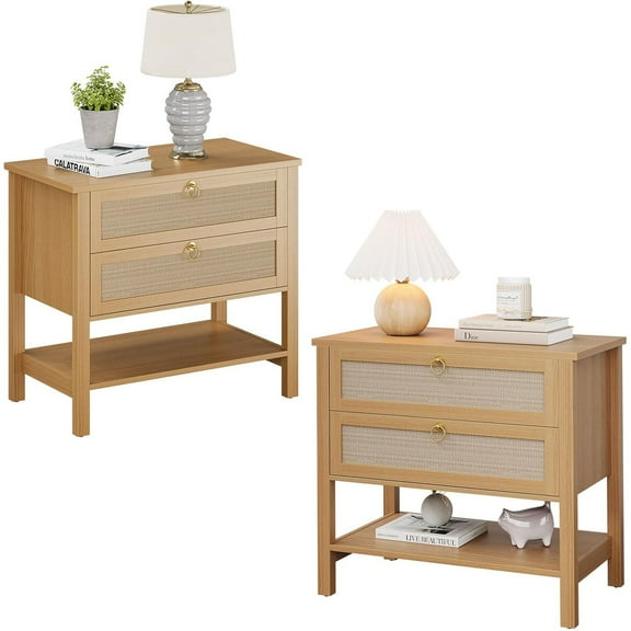M optimized Rattan Night Stand Set of 2, Boho Nightstand with 2 Drawers and Storage Shelf, Modern Farmhouse Nightstand, Side Tables for Living Room, Bedroom