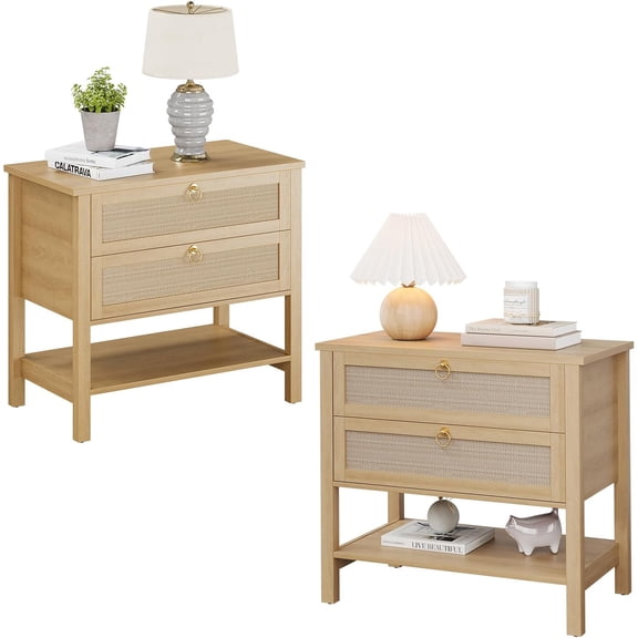 M optimized Rattan Night Stand Set of 2, Wooden Night Stand with 2 Rattan Drawers, Large Bedside Table Side Table with Open Storage Shelf, Farmhouse Nightstand for Bedroom Living Room