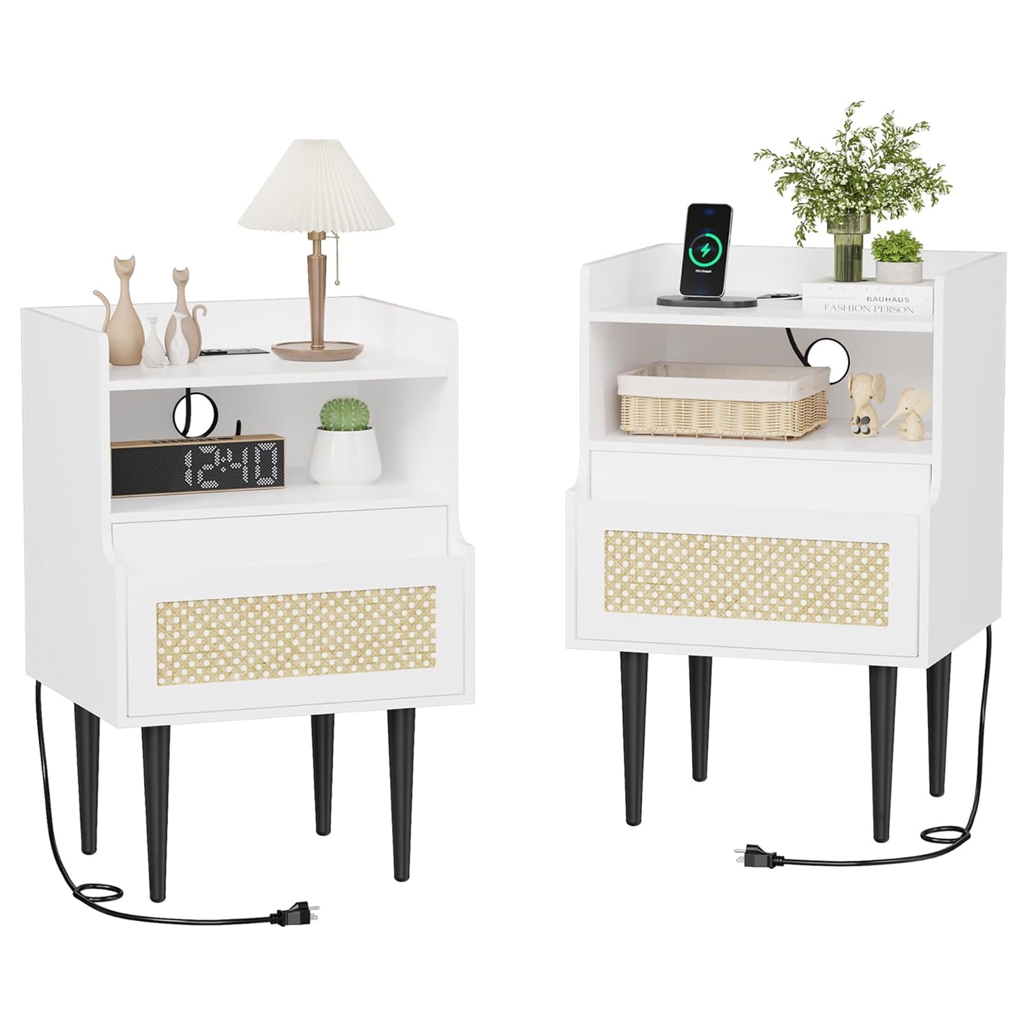 Rattan Nightstand Set of 2, Side Table with Charging Station, Drawer and 2 Open Storage Shelves for Bedroom, Dorm and Small Spaces, White