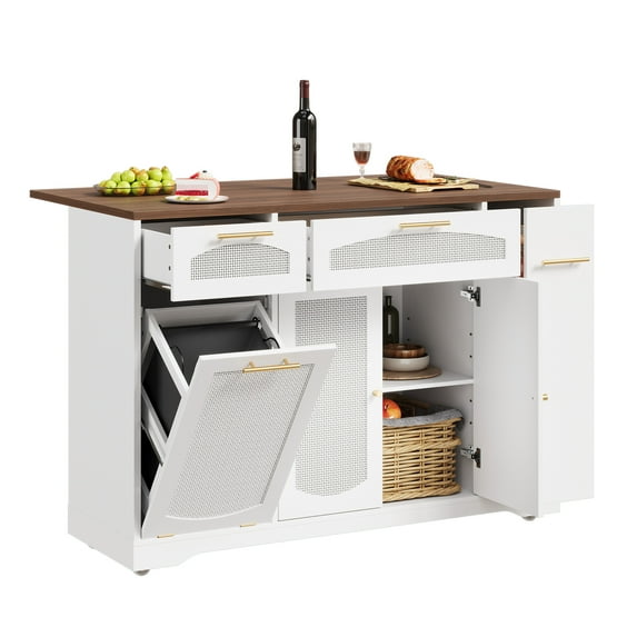 M optimized Rattan Rolling Kitchen Island Table with Drop Leaf, Tilt Out Trash Can Cabinet with 2 Door, Storage Cabinet, 2 Drawer, Spice Rack, Kitchen Cart