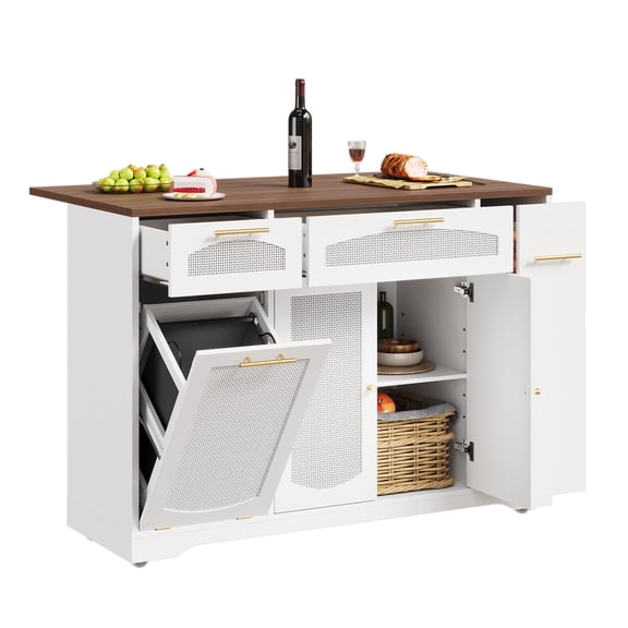 M optimized Rattan Rolling Kitchen Island Table with Drop Leaf, Tilt Out Trash Can Cabinet with 2 Door, Storage Cabinet, 2 Drawer, Spice Rack, Kitchen Cart