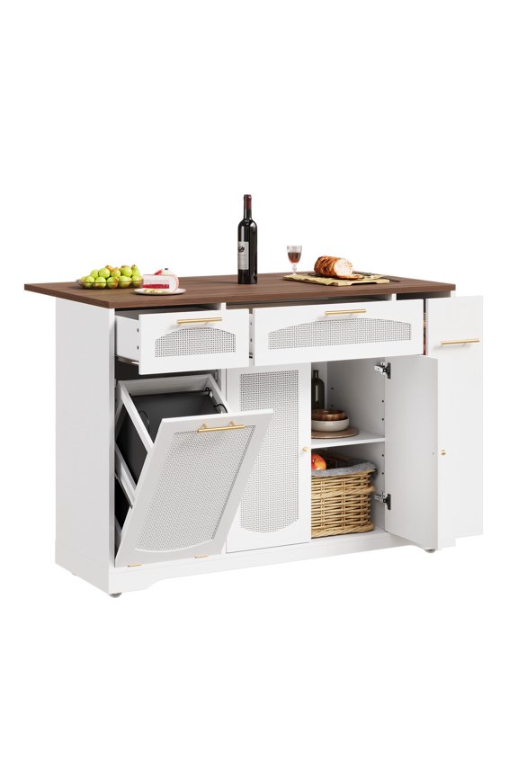 Rattan Rolling Kitchen Island Table with Drop Leaf, Tilt Out Trash Can Cabinet with 2 Door, Storage Cabinet, 2 Drawer, Spice Rack, Kitchen Cart